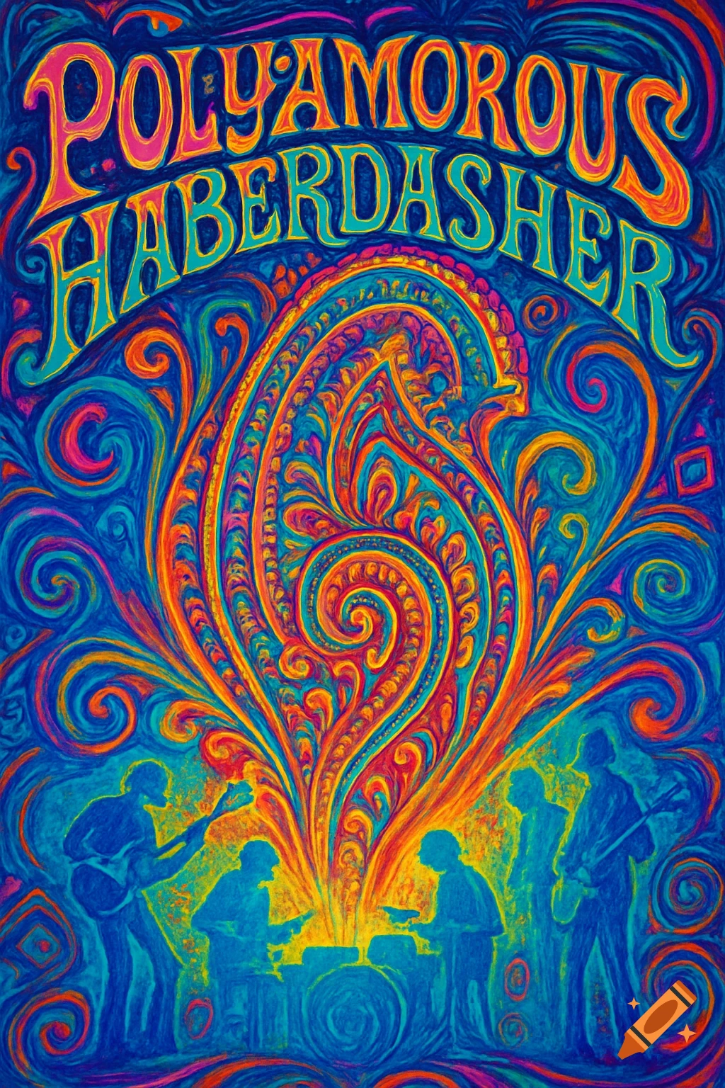 Vibrant psychedelic band poster for 'Polyamorous Haberdasher' with blue silhouette musicians and swirling orange, pink, and blue patterns.