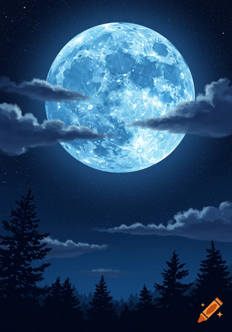 A large, glowing blue full moon in a star-filled night sky over a dark pine forest with scattered clouds. Stylized illustration.
