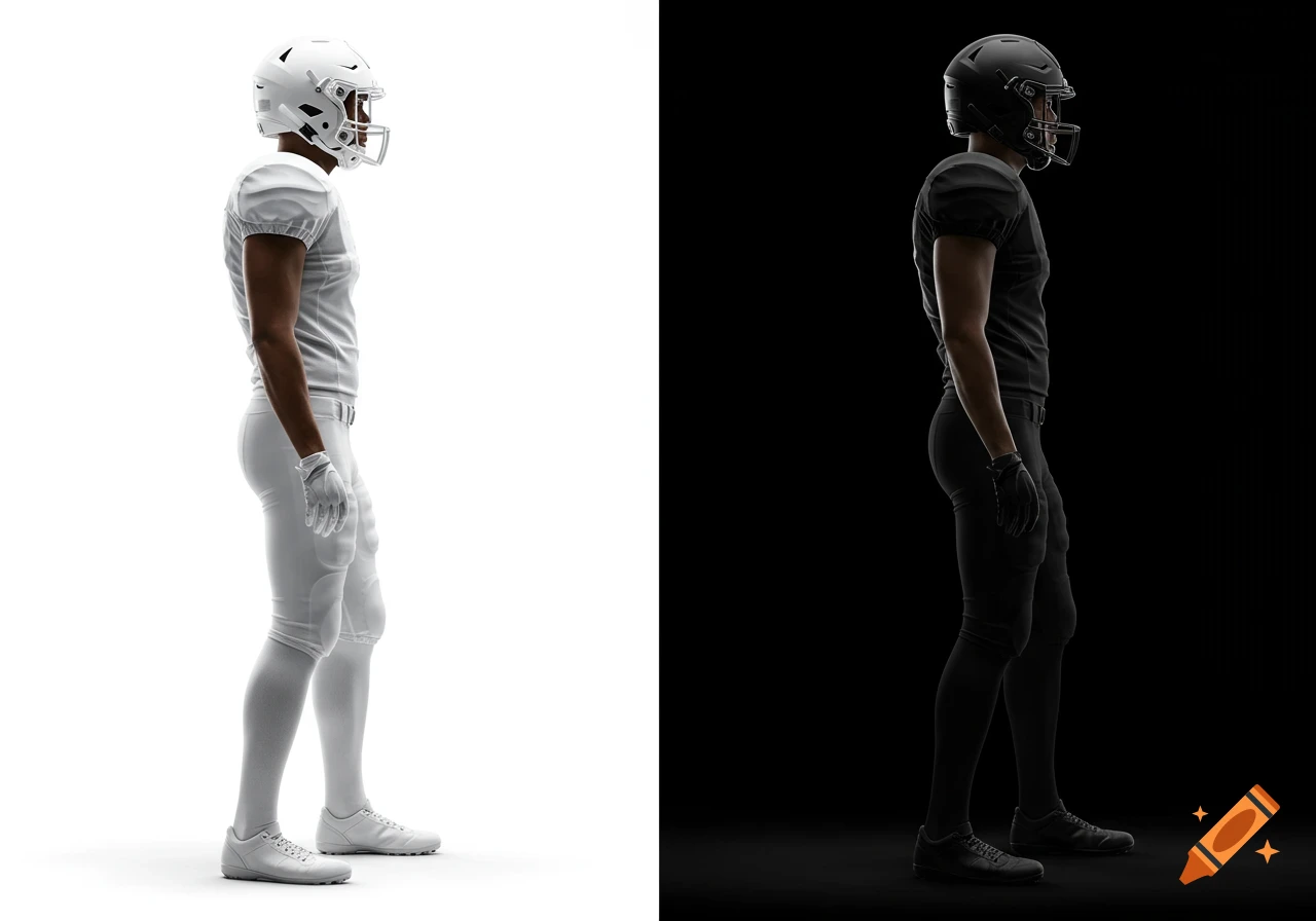 Photorealistic side view of two American football players, one in all-white uniform on white background, one in all-black uniform on black background.
