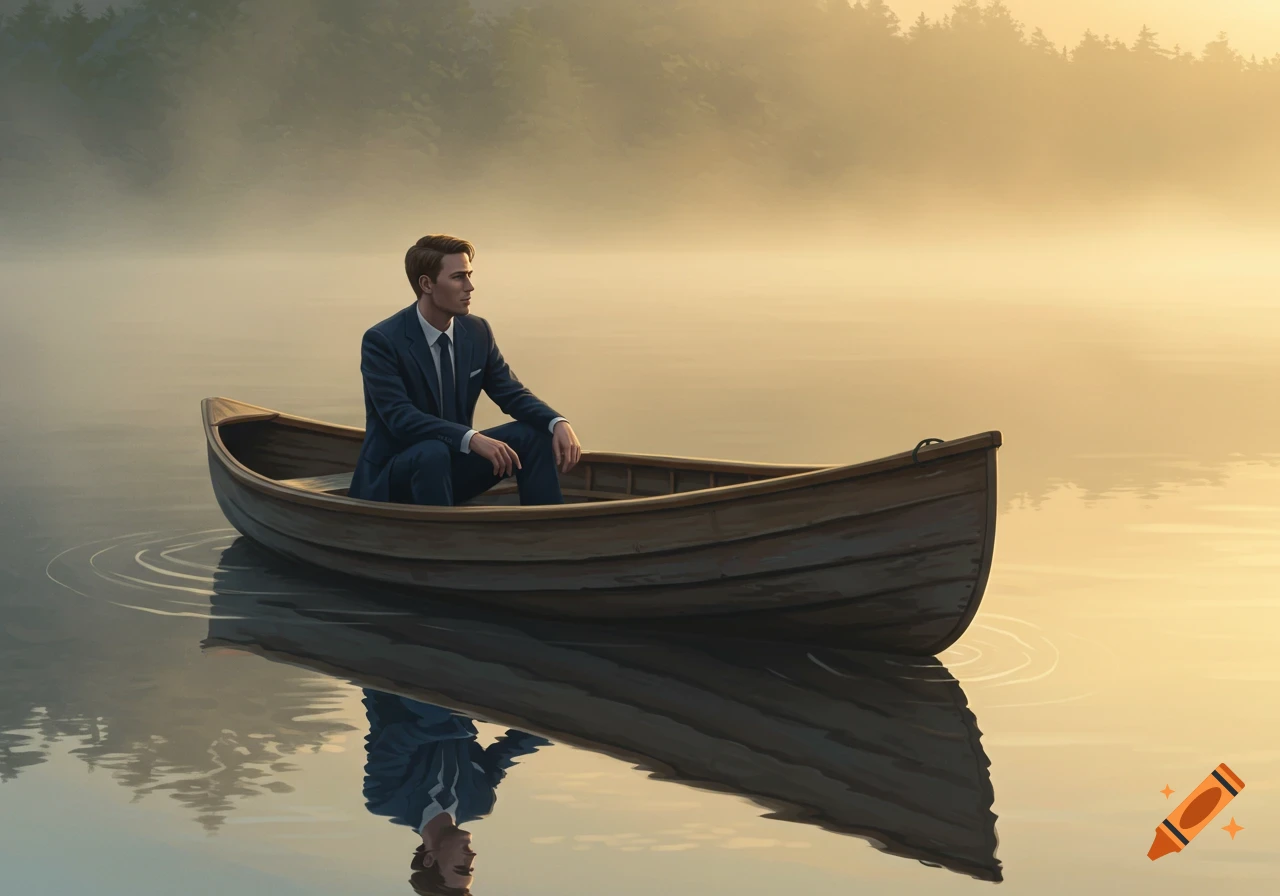 A man in a suit sits in a wooden boat on a calm, misty lake at sunrise, looking towards the distant forest.