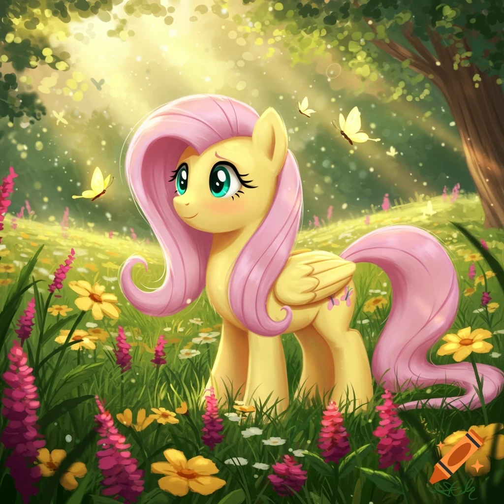 Fluttershy, a yellow pony with a pink mane, stands smiling in a vibrant, sunlit meadow filled with colorful flowers and butterflies, in an animated illustration.