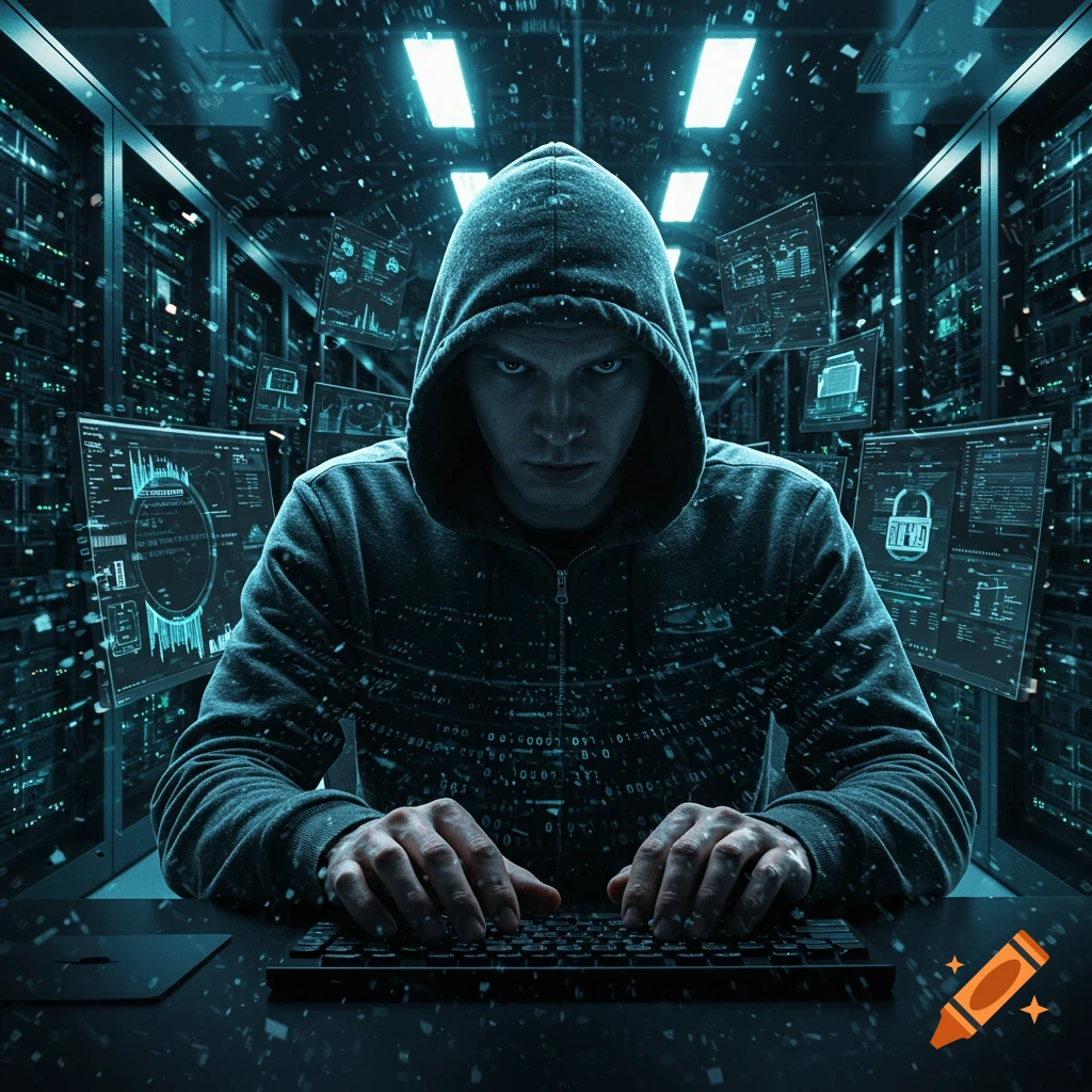 A hooded figure typing on a keyboard in a dark, neon-lit server room, surrounded by floating data screens and digital code, depicting a hacker.