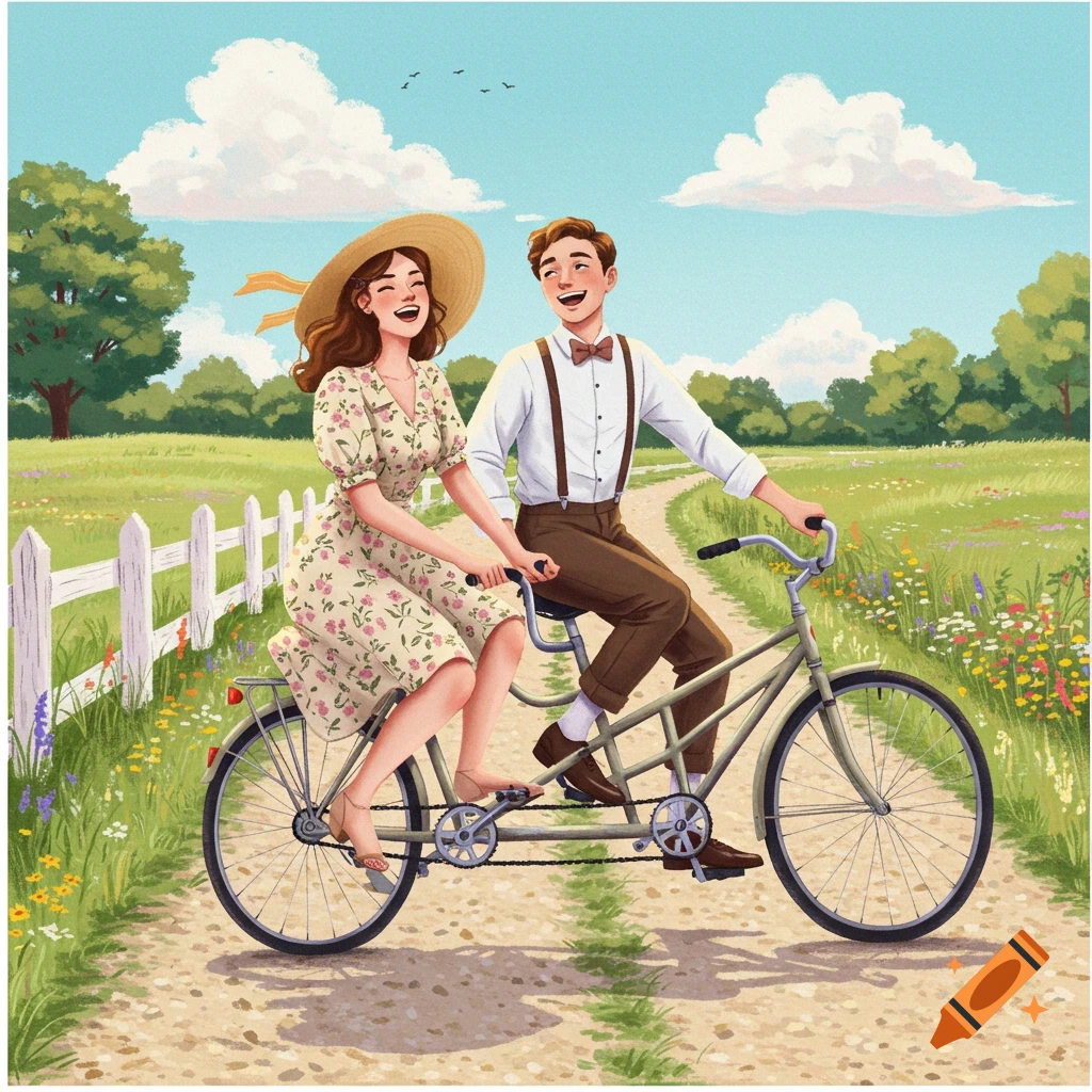 A cheerfully illustrated man and woman on a tandem bicycle ride through a flower-filled countryside lane next to a white fence.