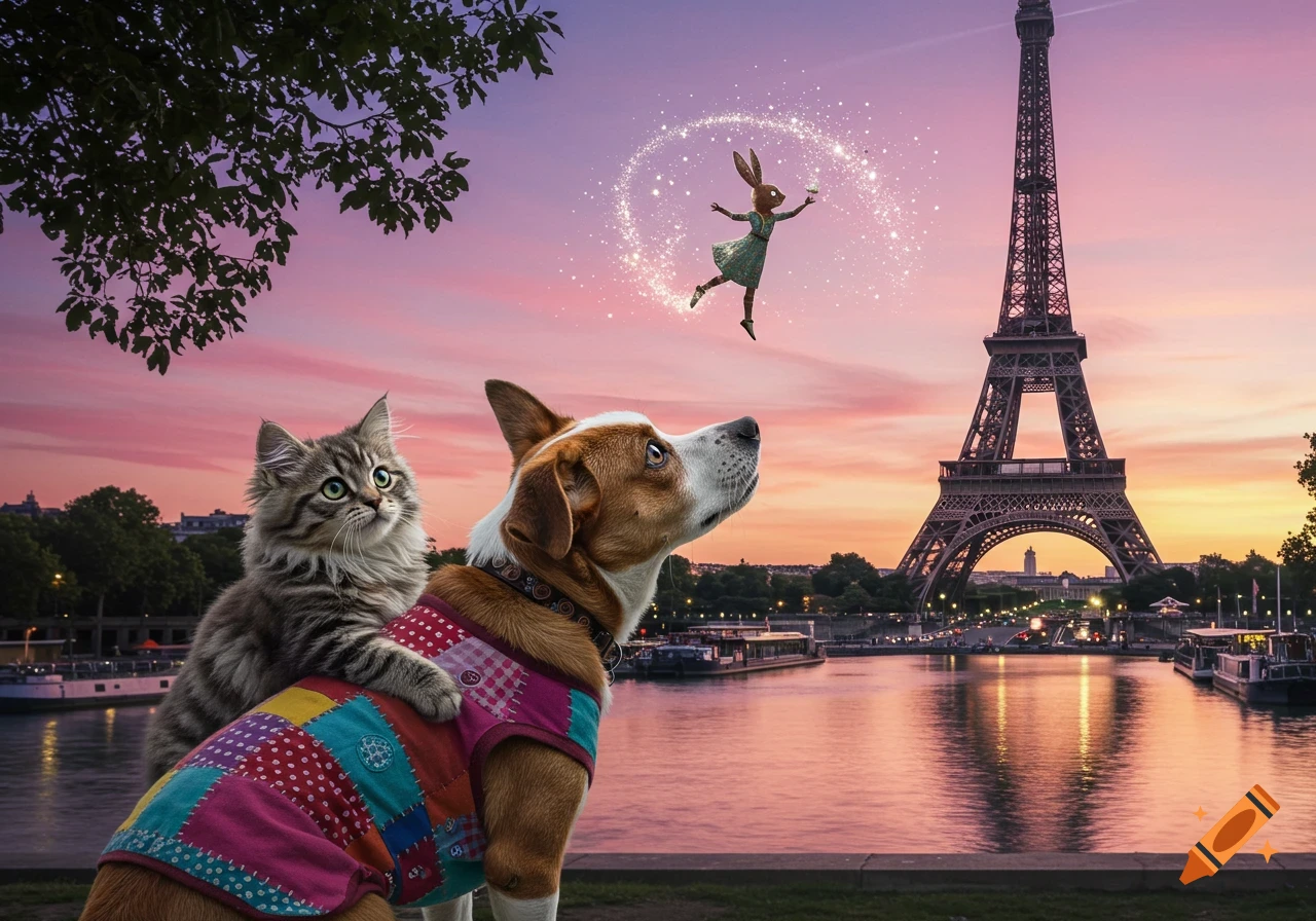 A dog and a cat on its back look up at a magical flying rabbit with a sparkling trail near the Eiffel Tower at sunset.