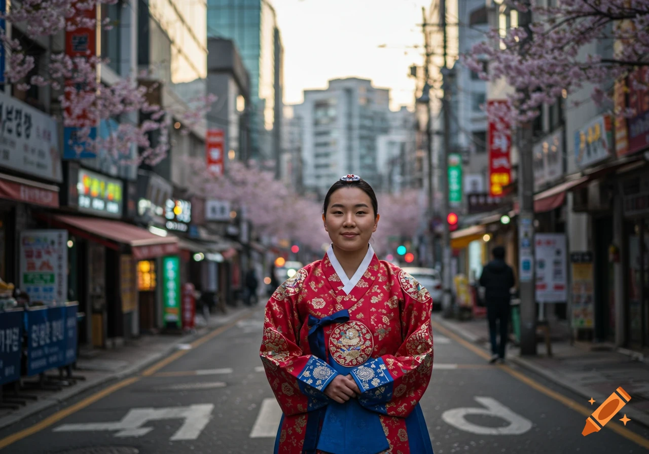 A young woman in a red and blue traditional Korean hanbok stands on a city street lined with cherry blossoms and buildings.