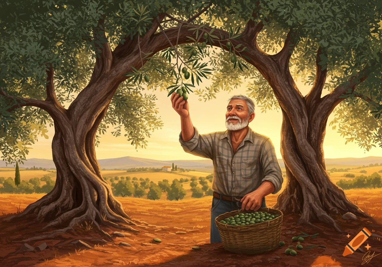 An old man with a beard harvests olives from a tree in an olive grove, holding a branch and a basket of olives. Illustration.