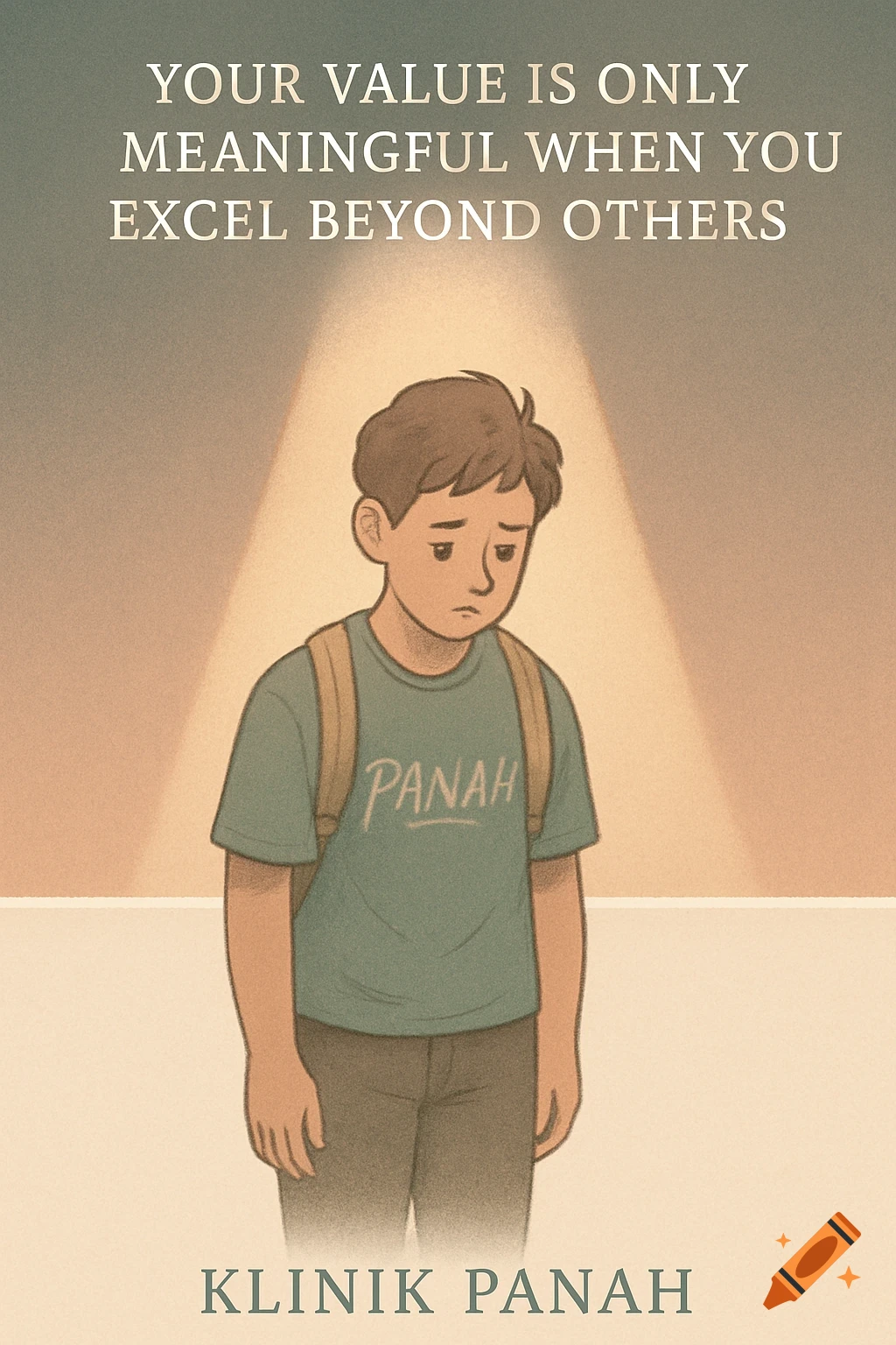 An illustration of a sad boy with a backpack under a spotlight, with the text 'YOUR VALUE IS ONLY MEANINGFUL WHEN YOU EXCEL BEYOND OTHERS' above and 'KLINIK PANAH' below.