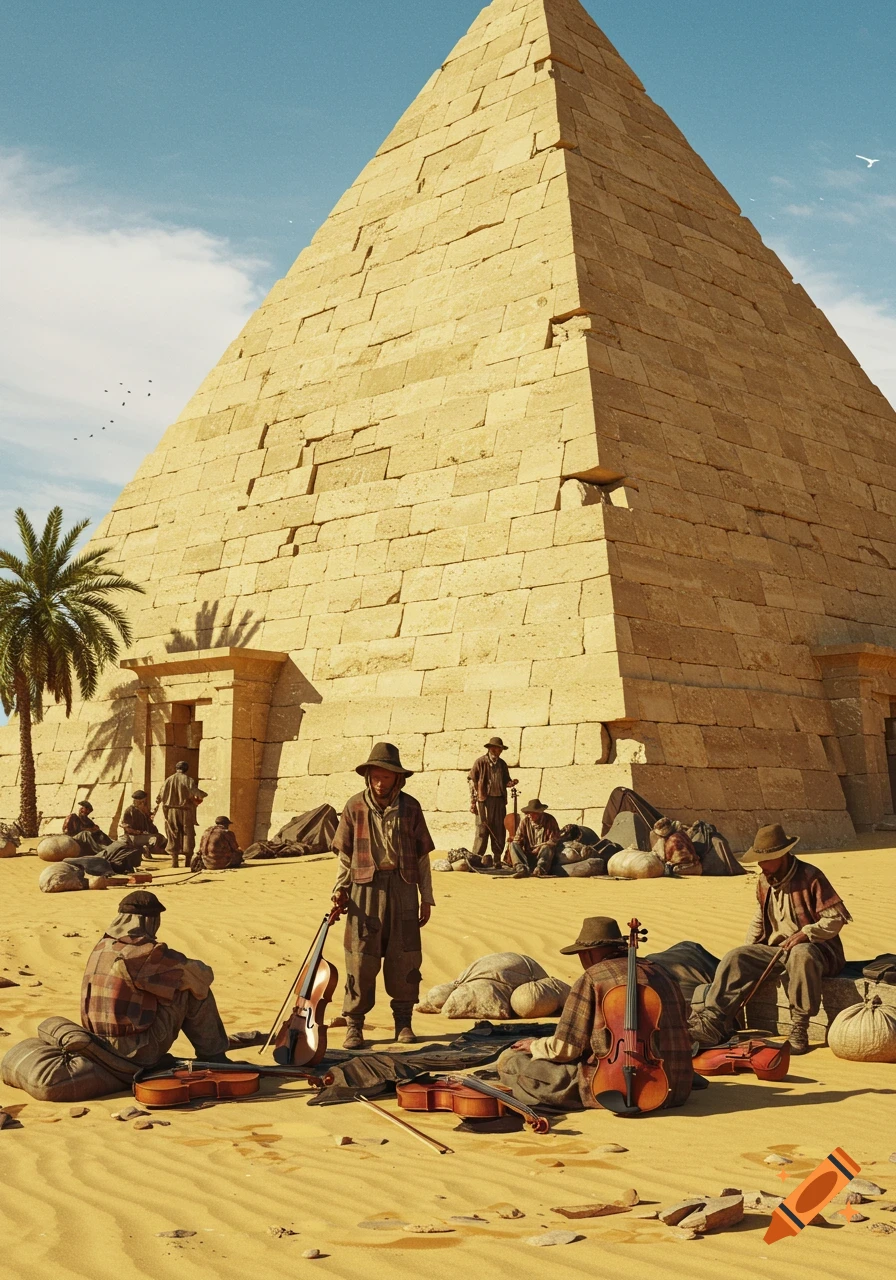 Men with violins rest on sand near a large pyramid in a desert landscape under a clear sky.