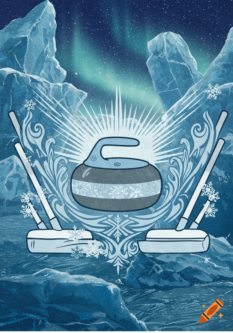 A stylized emblem featuring a curling stone and two brooms set against icy mountains and an aurora borealis sky.