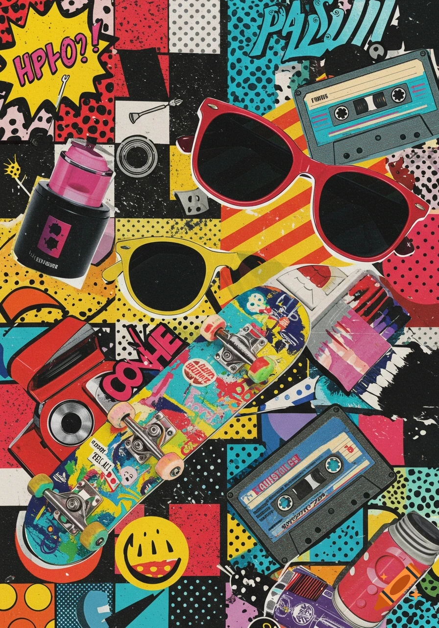 A vibrant pop art collage featuring everyday objects like sunglasses, a skateboard, cassette tapes, and a camera, set against a background of colorful, geometric patterns and comic book-style speech bubbles.