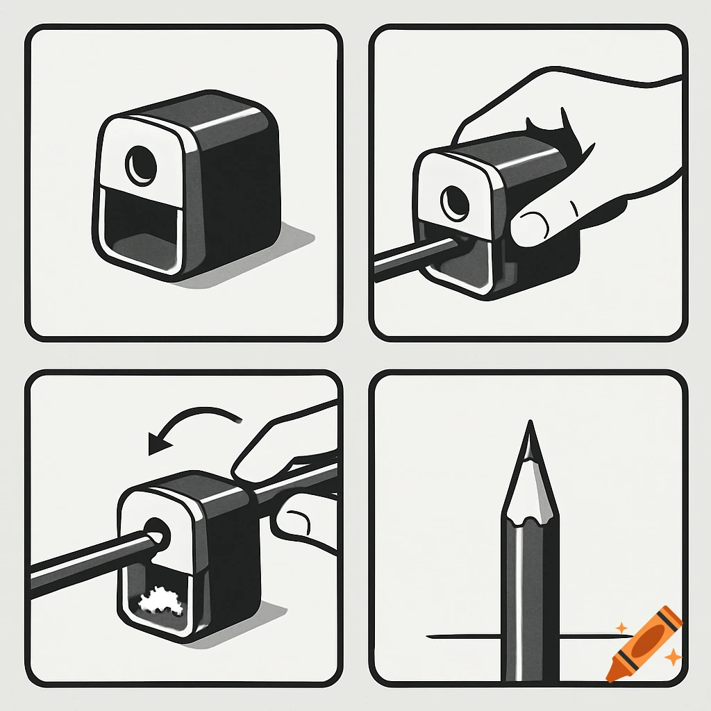 Four-panel black and white pictogram demonstrating how to sharpen a pencil with a hand-held sharpener.