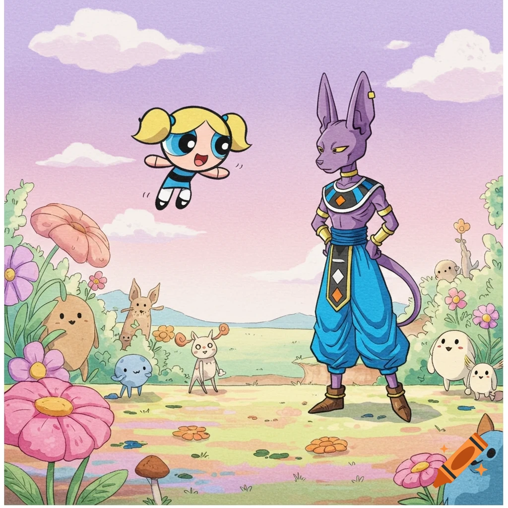 Bubbles floats near Beerus in a pastel fantasy landscape with flowers and whimsical creatures, cartoon style.