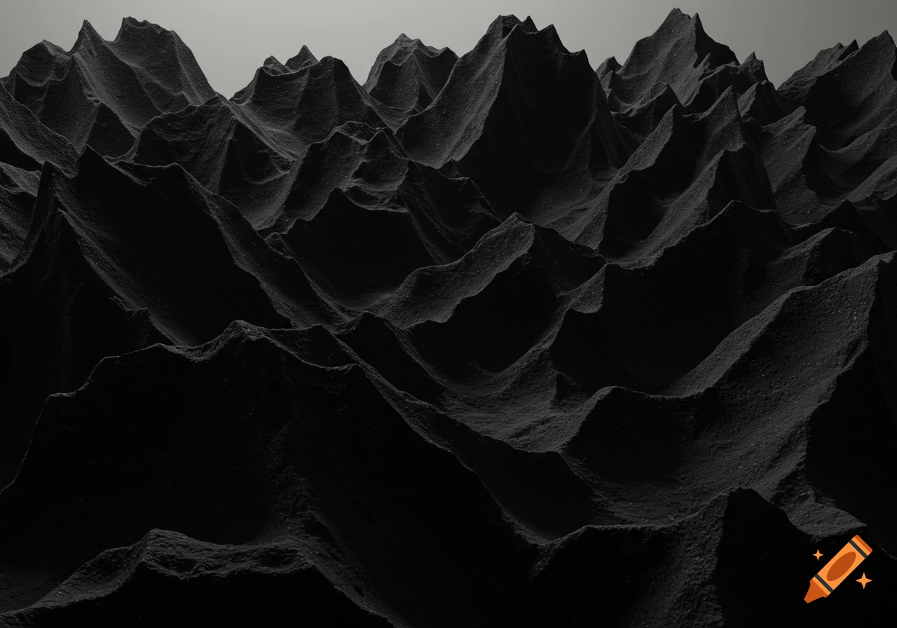 A monochromatic, abstract image of a dark, textured sculptural surface resembling sharp-edged rock formations or mountains under a pale sky.