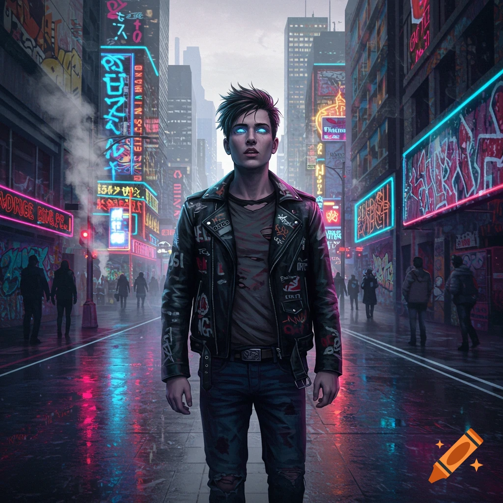 A male character with glowing blue eyes stands in the middle of a rainy, neon-lit cyberpunk city street, wearing a patched leather jacket.