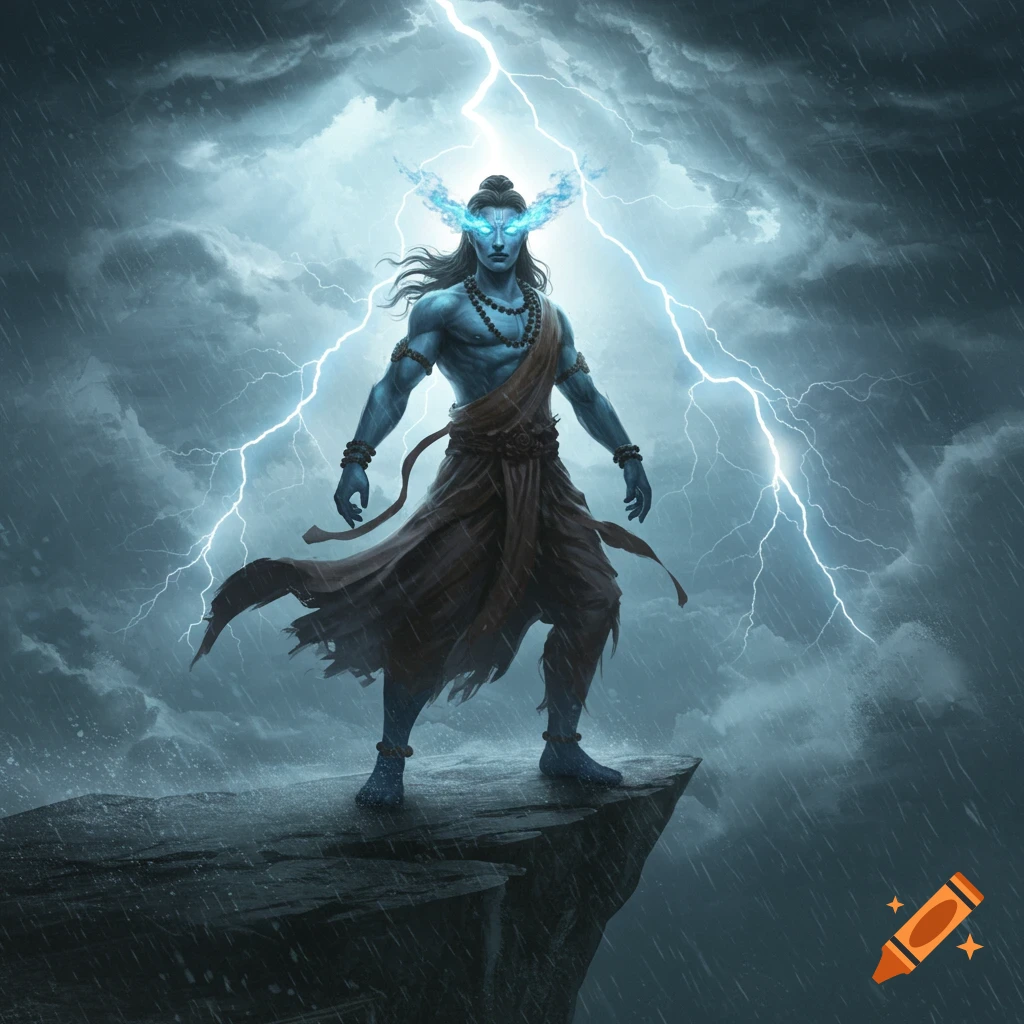 A blue-skinned deity with glowing blue eyes and flowing dark hair stands powerfully on a cliff, surrounded by a dramatic lightning storm.