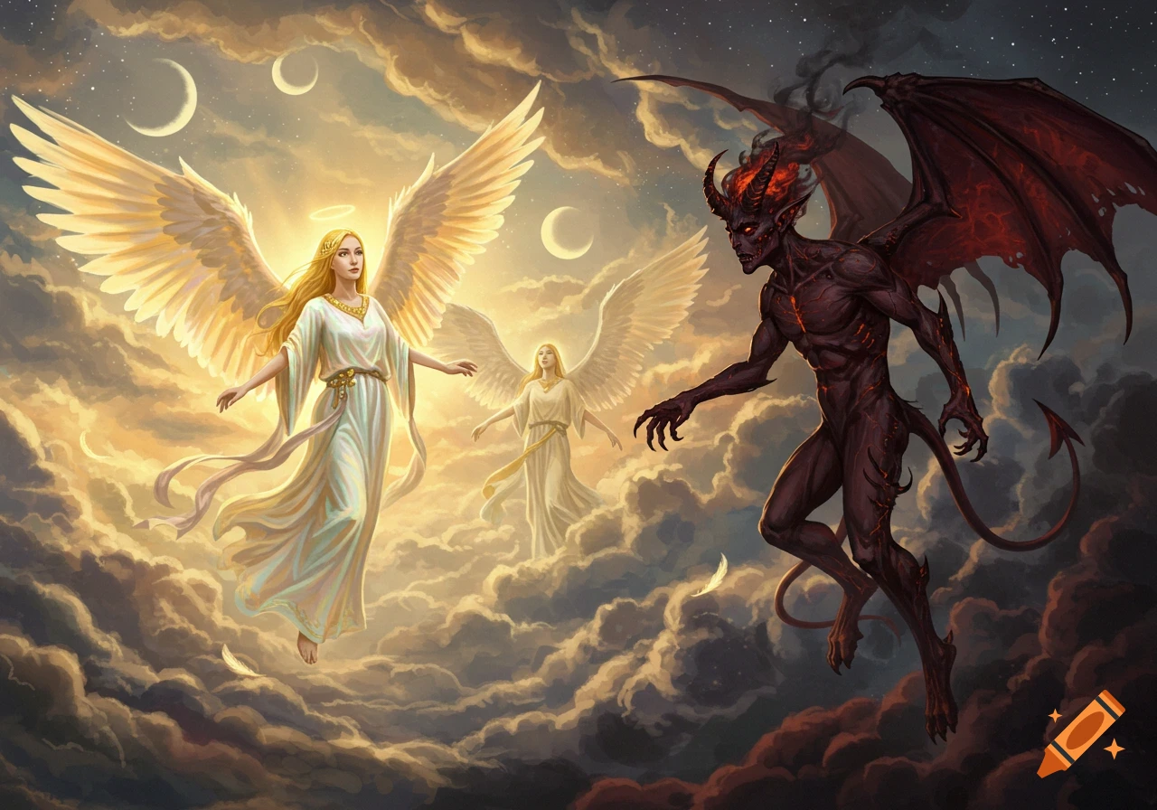 Two radiant angels confront a dark, horned demon with wings, floating among ethereal clouds under a starry sky, digital art.