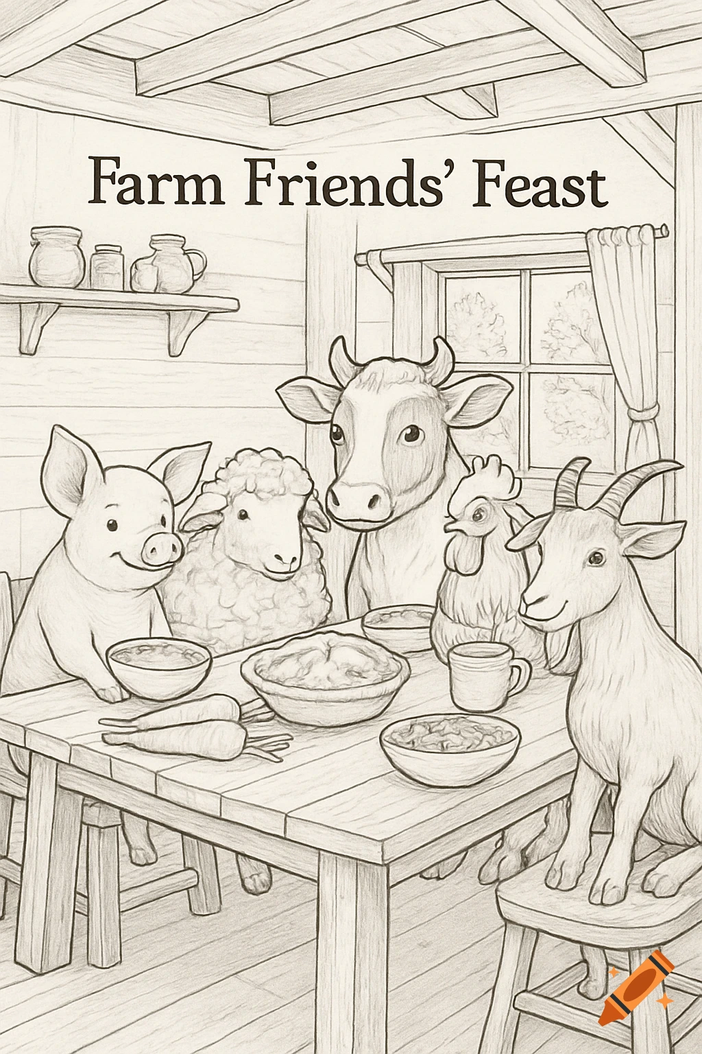 A black and white coloring page of farm animals (pig, sheep, cow, chicken, goat) at a table with food, titled 'Farm Friends' Feast.