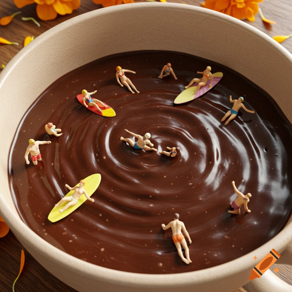 Tiny miniature people swimming and surfing in a large bowl of hot chocolate, surrounded by orange flower petals on a wooden table.