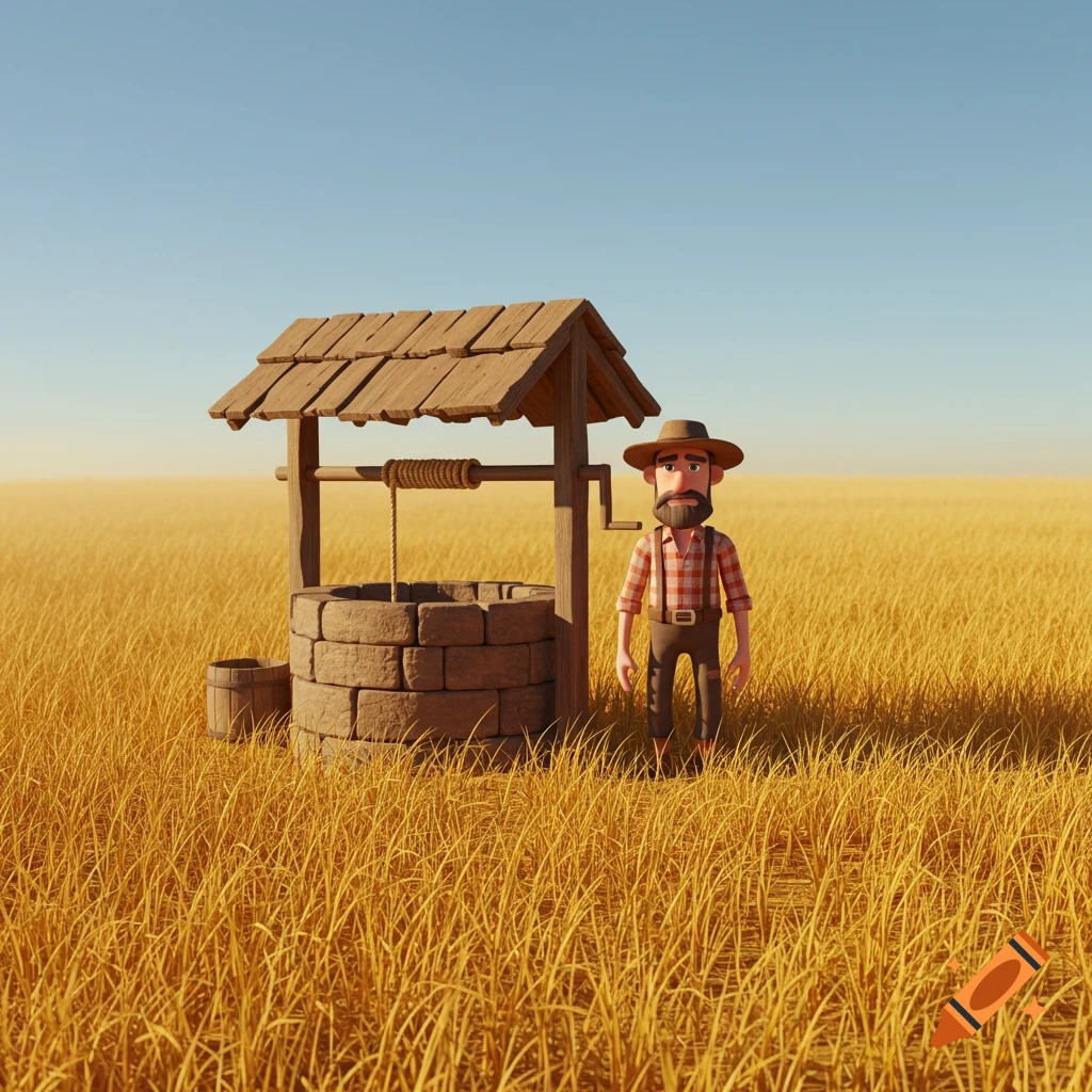 A cartoon man in a plaid shirt and hat stands beside a stone well in a vast golden field under a blue sky. 3D render.