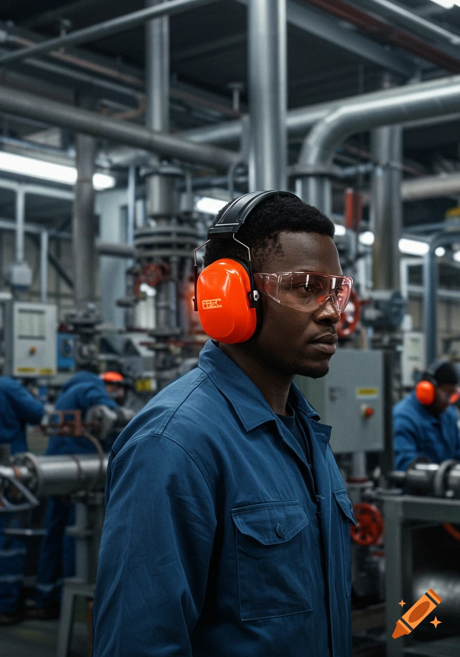 A Black man in a blue uniform, orange ear protection, and safety glasses in an industrial setting.