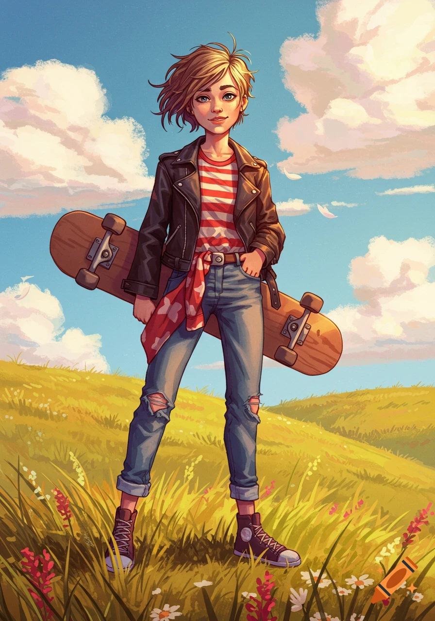 An illustrated young person in a leather jacket and ripped jeans stands on a grassy hill, holding a skateboard under a blue sky.
