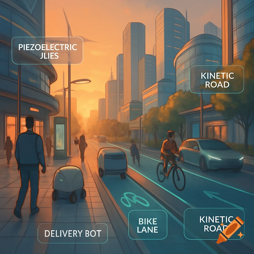 A futuristic city street at sunset, with labeled kinetic roads, bike lanes, delivery bots, and piezoelectric infrastructure.