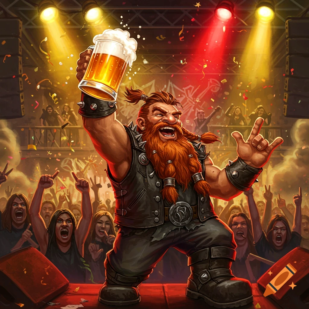 A happy, burly dwarf holds a beer and makes a rock on gesture on stage at a lively metal concert with a cheering crowd and confetti.
