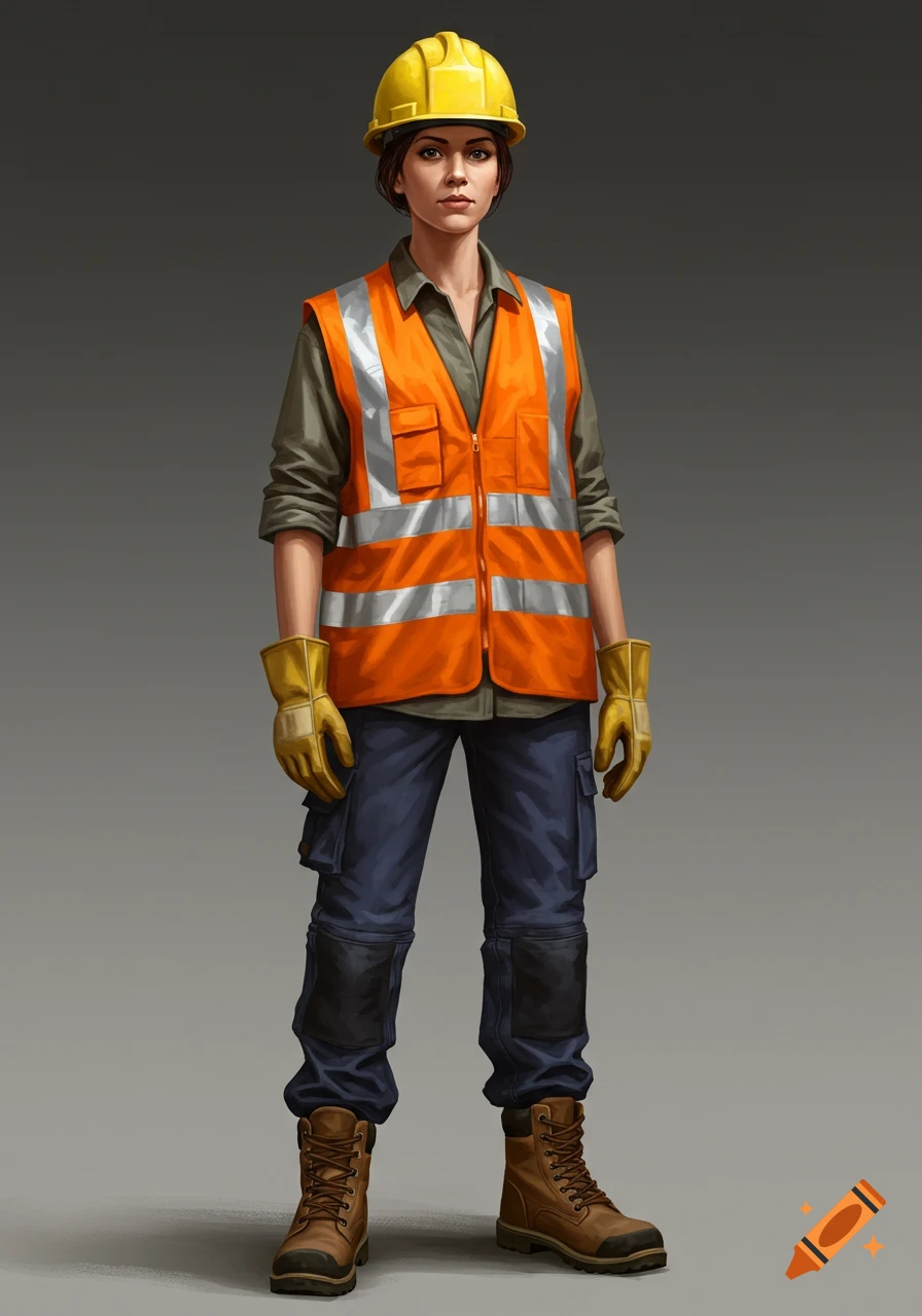 A female construction worker in a yellow hard hat, orange safety vest, blue pants, and work boots, standing against a grey background.