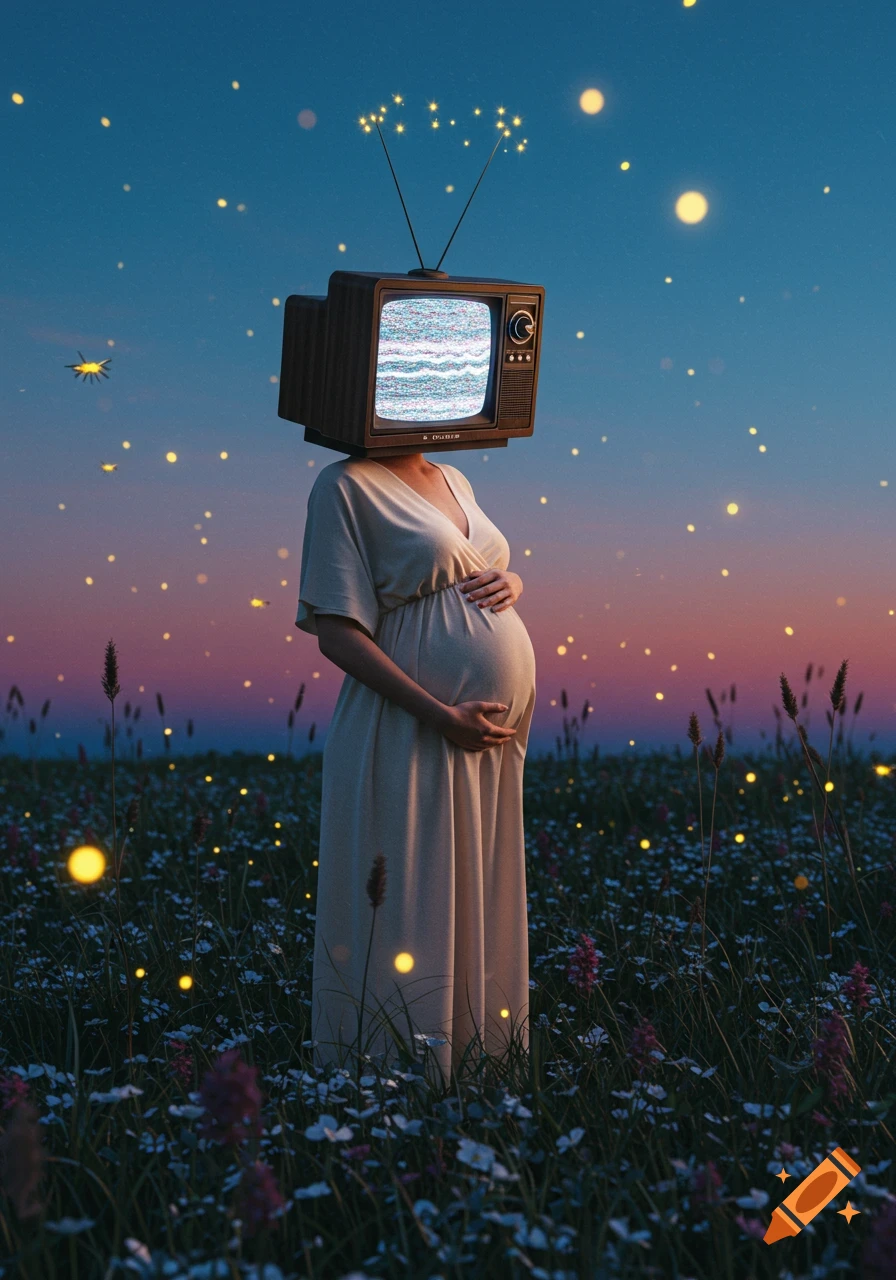 A heavily pregnant woman with an old television set for a head stands in a field of wildflowers with glowing fireflies at twilight.