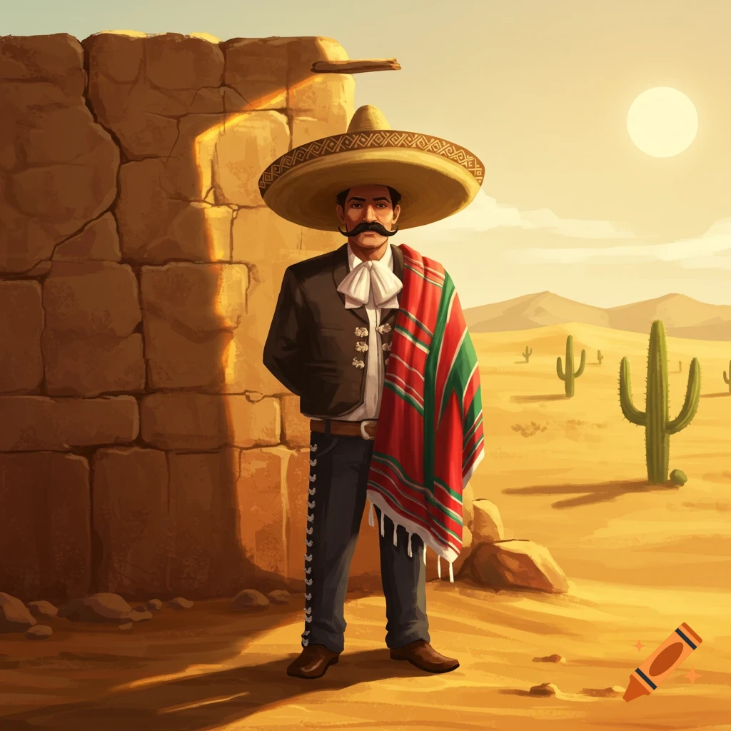 Illustrated man in a sombrero and sarape, with a mustache, standing by a stone wall in a sunny desert with cacti.