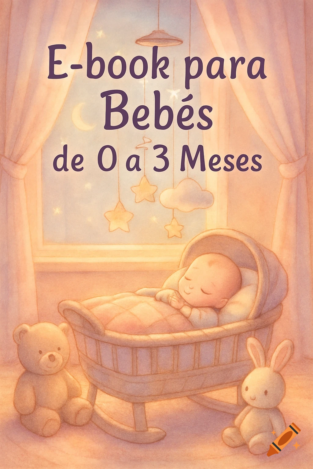 An illustration of a sleeping baby in a crib with a teddy bear and rabbit, under a starry window, with e-book title text.
