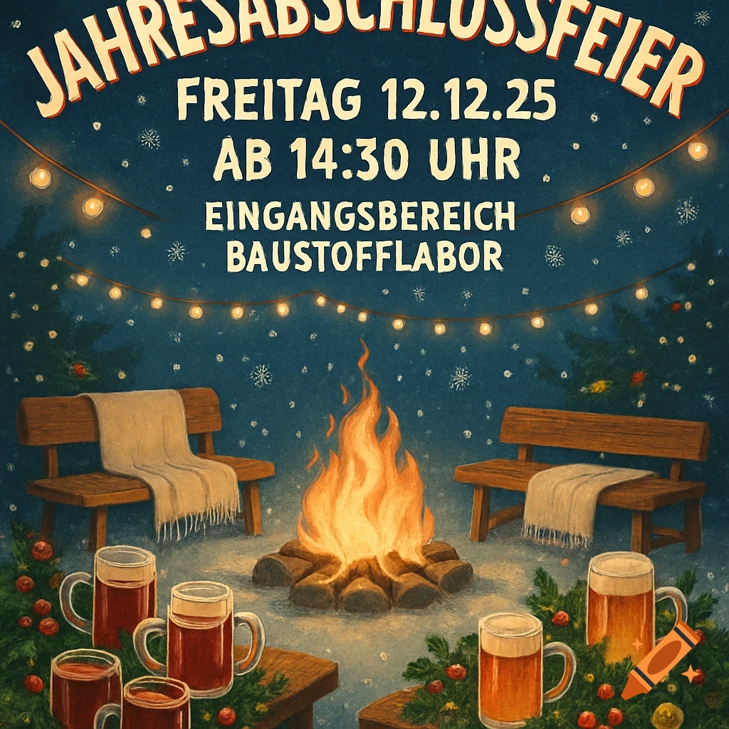 Festive winter party invitation with a campfire, benches, string lights, snowflakes, and mugs of mulled wine and beer, with event details.