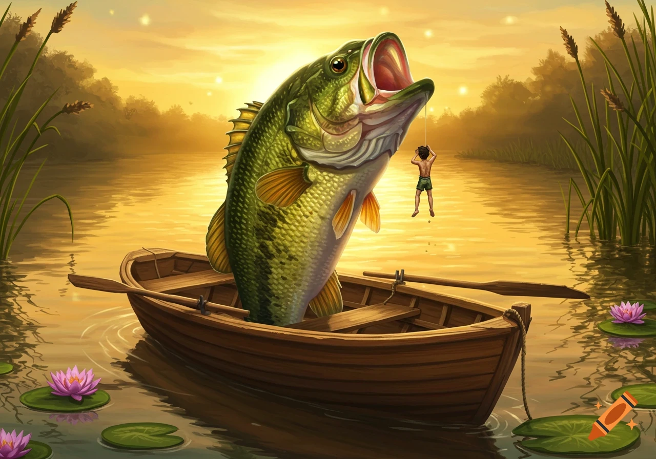 A giant bass fish sits in a rowboat, proudly holding a tiny human on a fishing line over a golden lake at sunset, surrounded by lily pads.