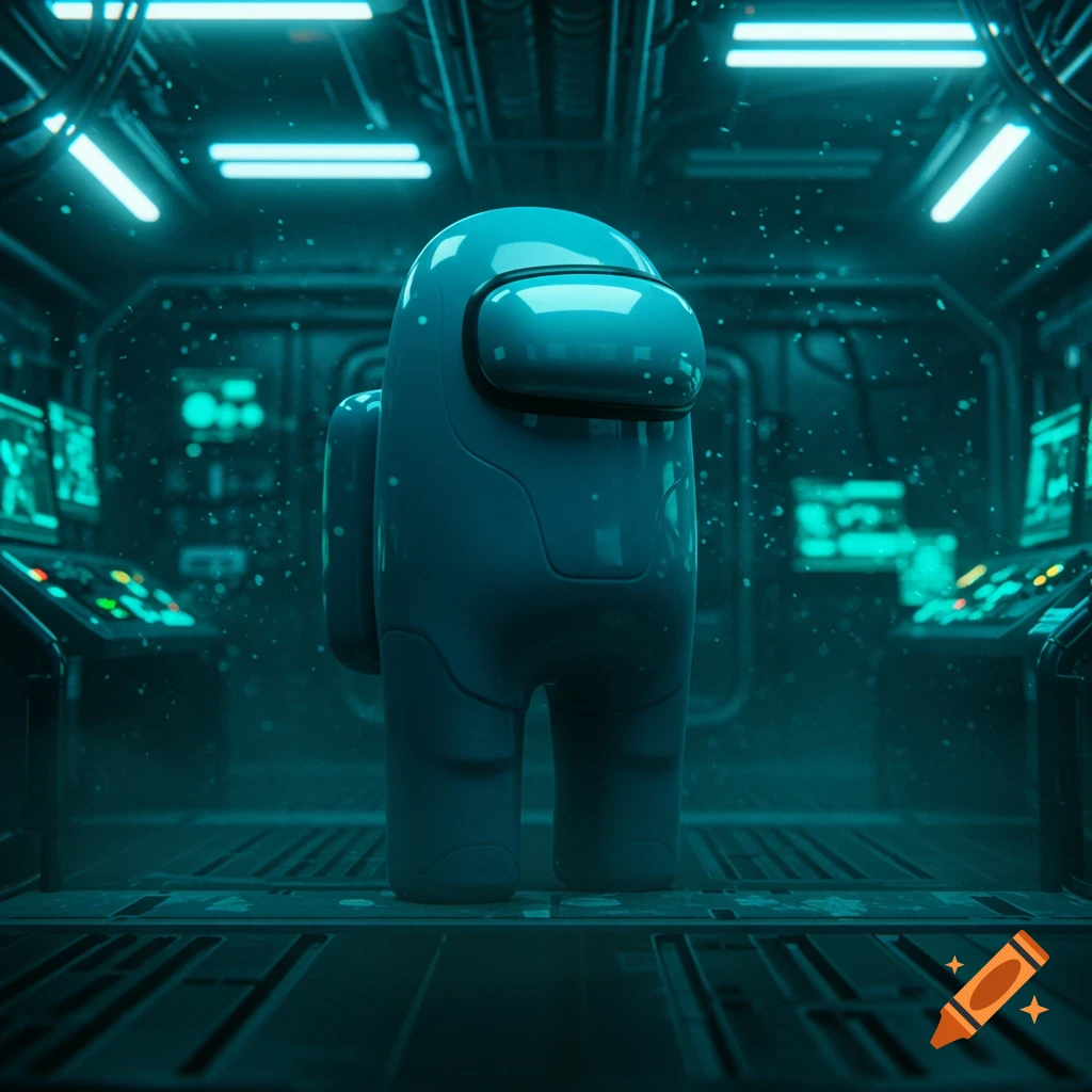 A cyan Among Us character stands alone in a dark, teal-lit sci-fi spaceship control room.