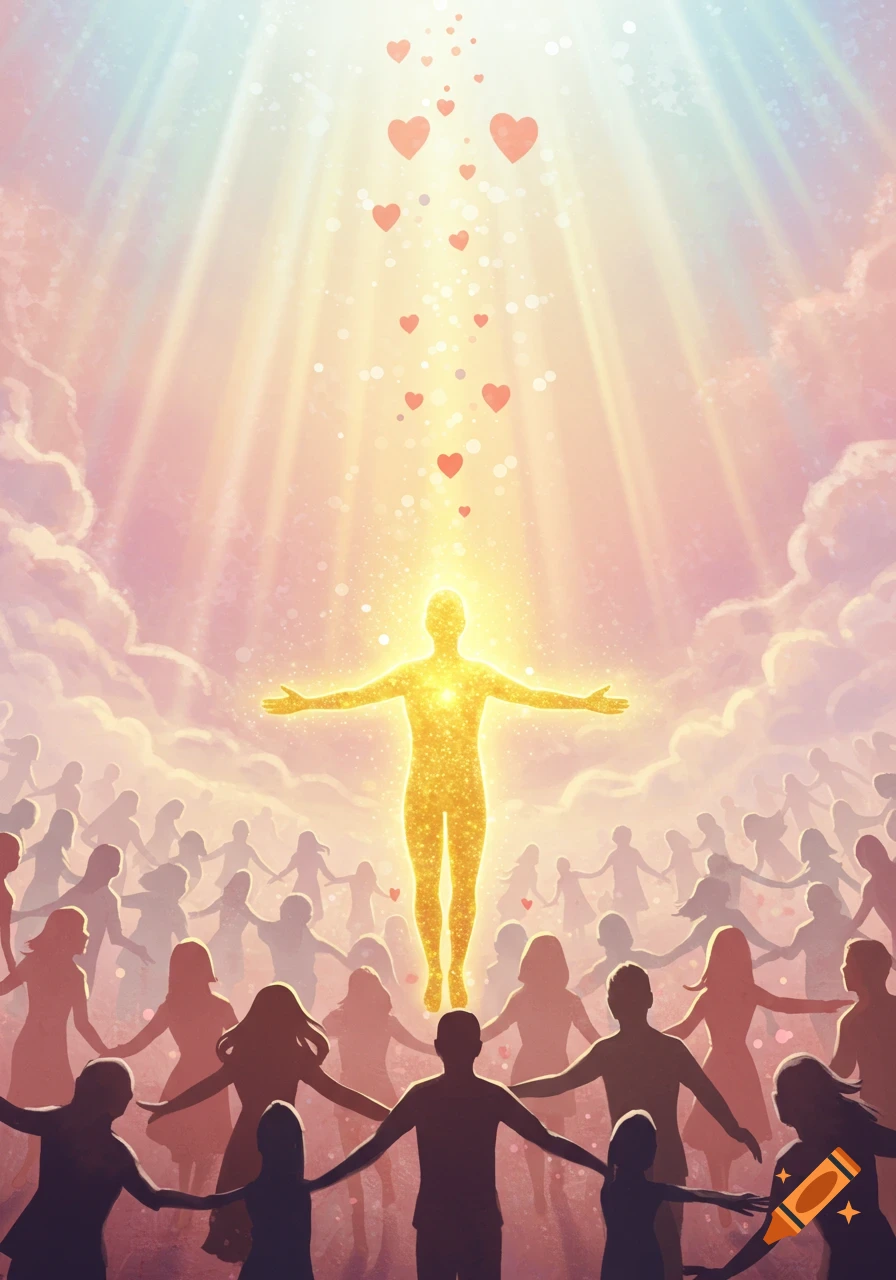Ethereal figure glowing, arms outstretched, surrounded by silhouetted people holding hands under light rays and hearts.
