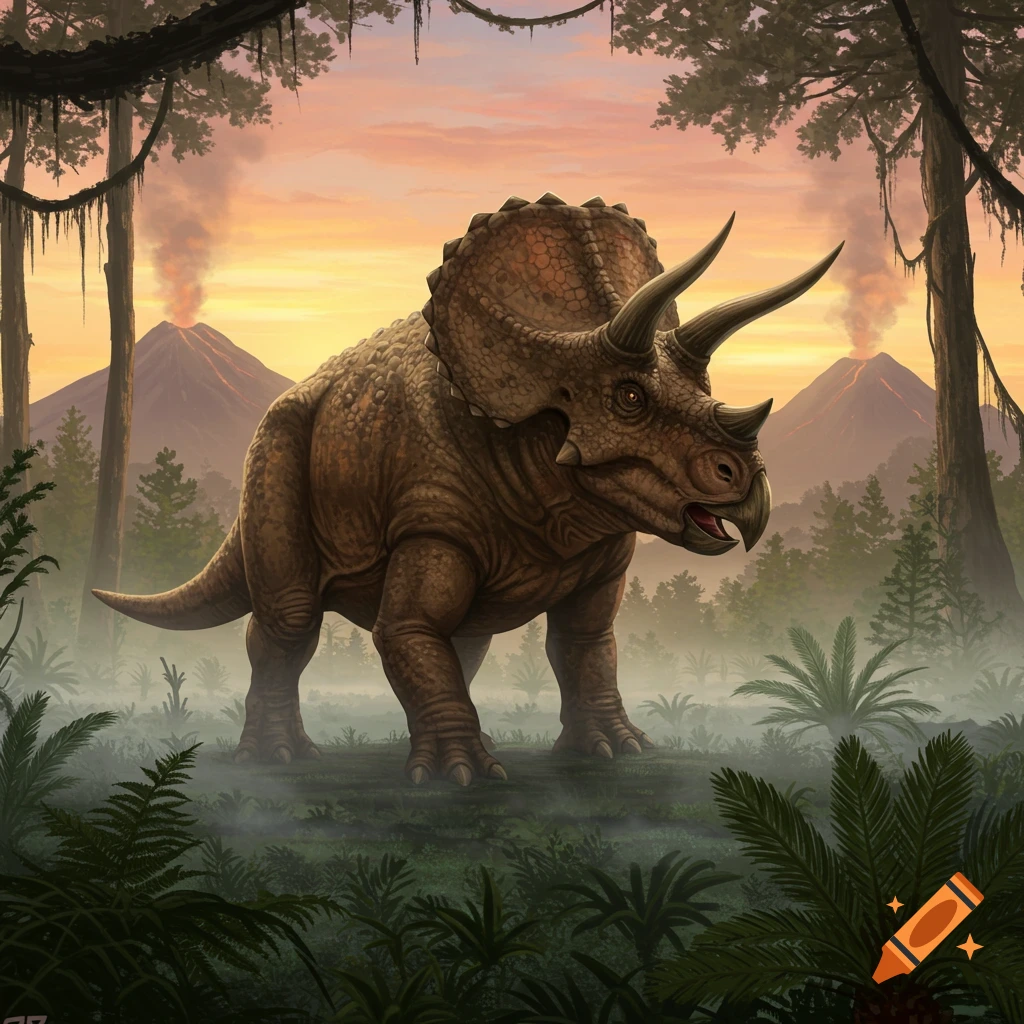 A detailed illustration of a brown triceratops standing in a misty jungle with erupting volcanoes at sunset.