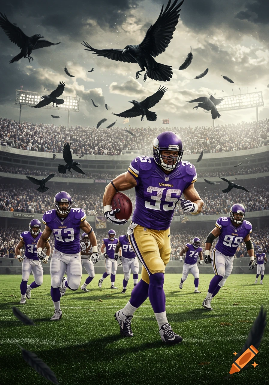 Photorealistic image of Minnesota Vikings football players running on a field in a stadium, with ravens flying overhead.