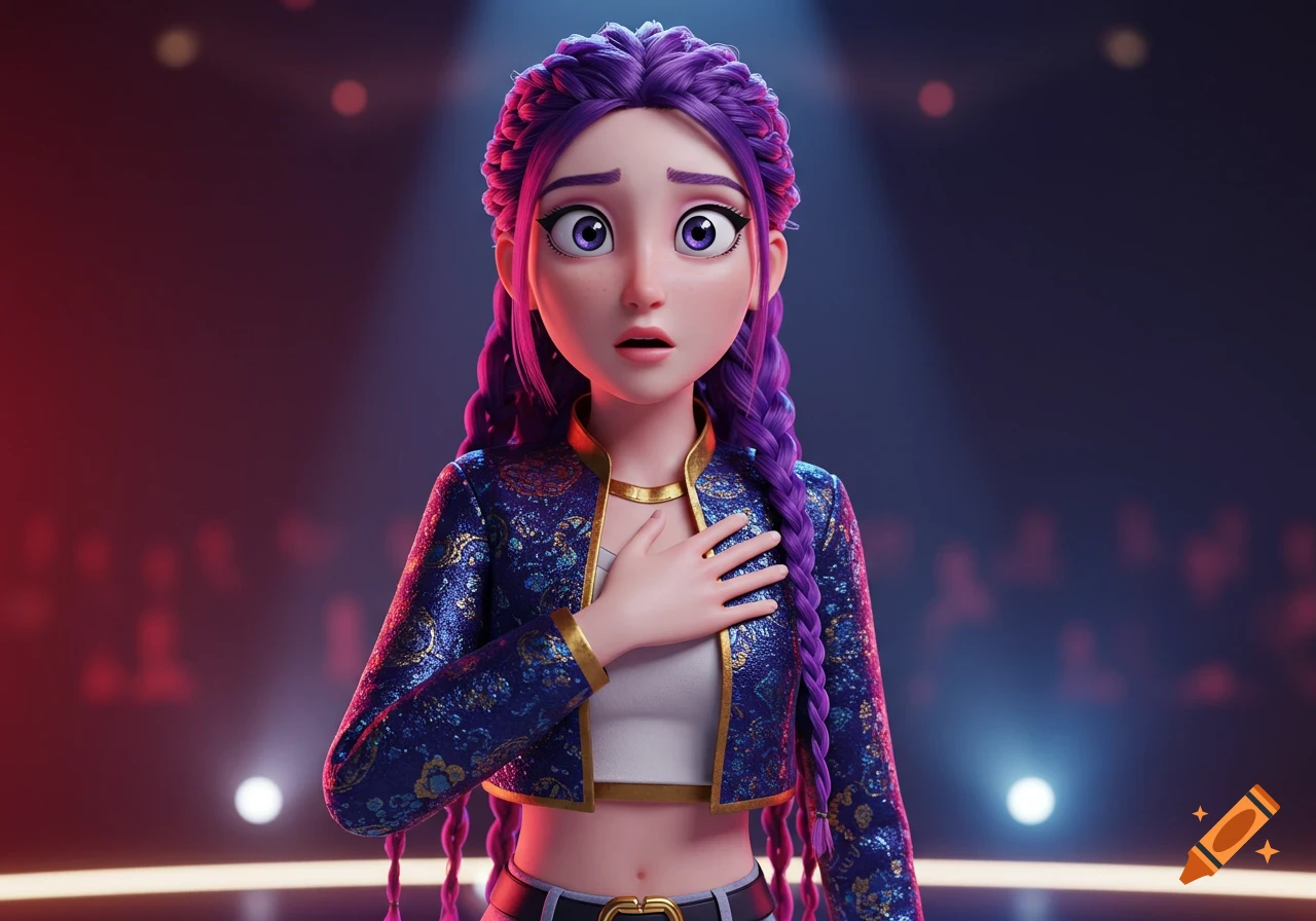 A 3D animated woman with purple braided hair wears a shiny blue and gold cropped jacket on a stage, looking surprised with a hand on her chest.