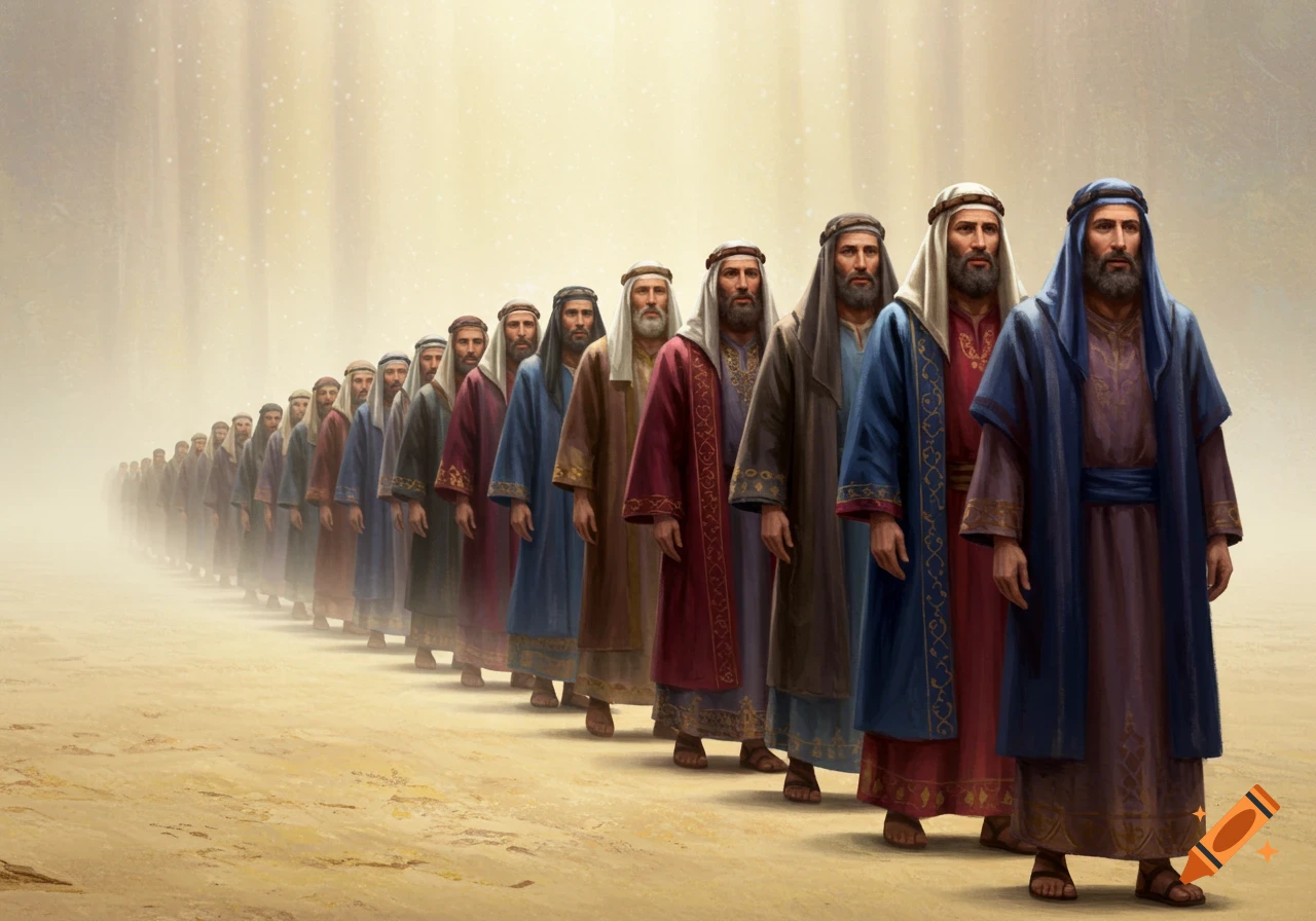A long line of bearded men in ancient robes and head coverings walks across a sandy desert under a bright, hazy sky, in a digital painting.