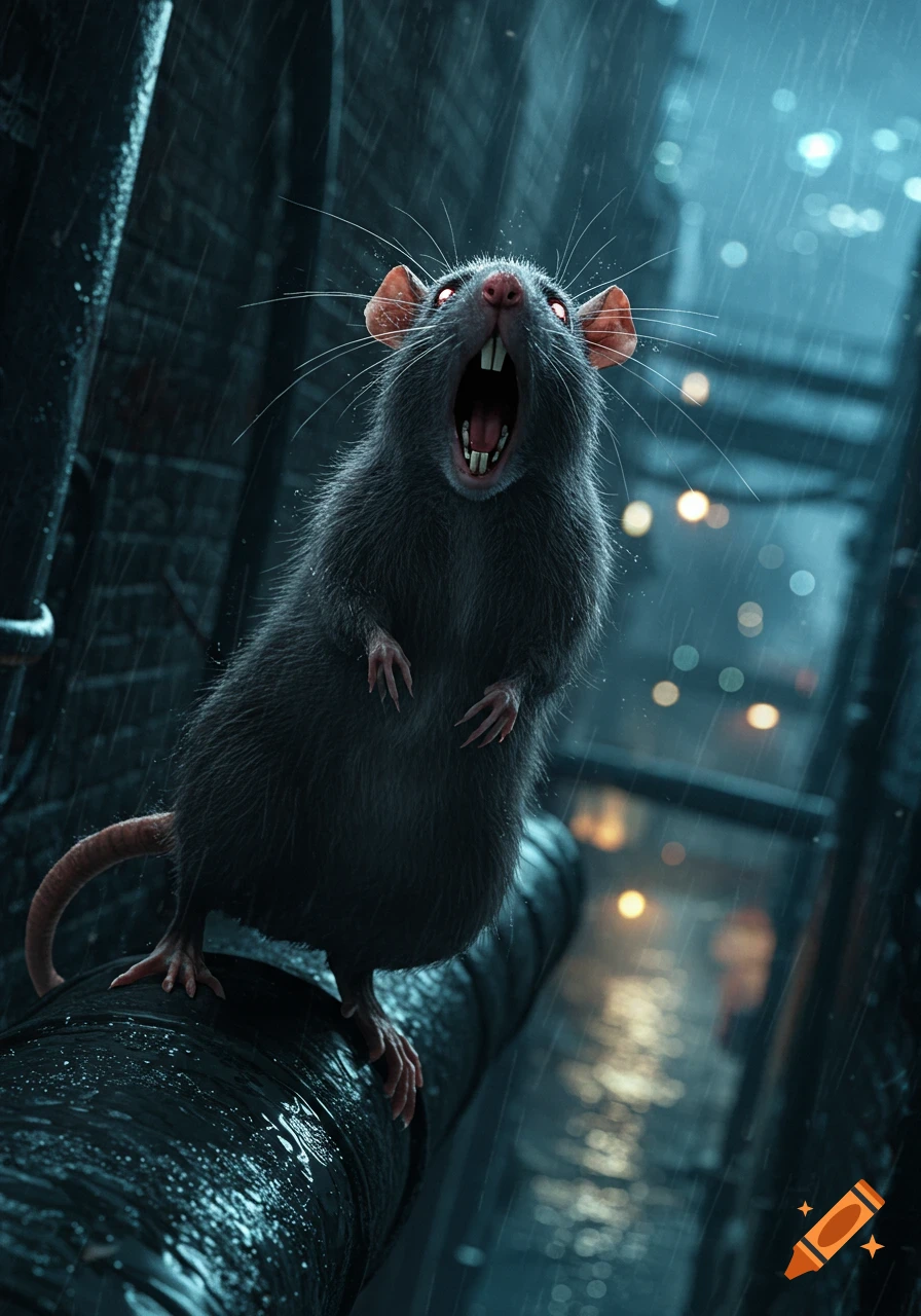 A highly detailed rat with glowing red eyes screams, standing on a wet pipe in a dark, rainy urban alley at night.