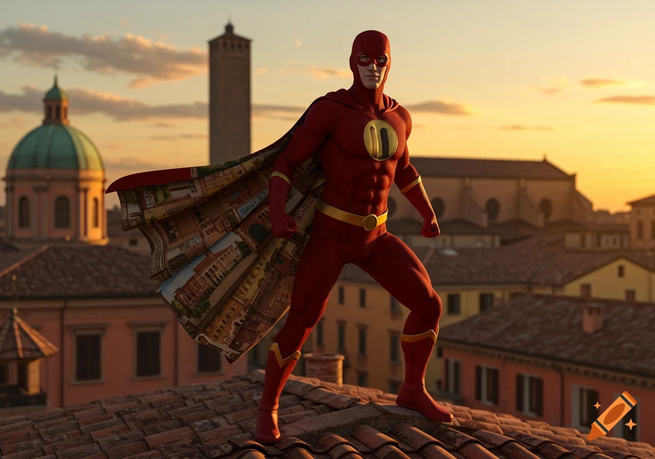 A superhero in a red and gold suit with a city-patterned cape stands on ...