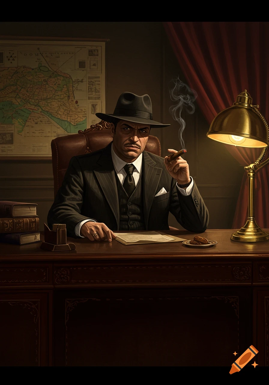 A stern man in a fedora and pinstripe suit sits at a dark wooden desk, smoking a cigar under a brass lamp, a map behind him.