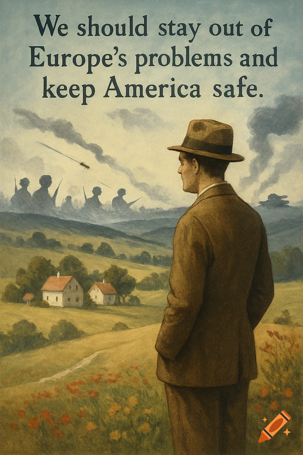 Man in a suit and hat looks at a distant battlefield over a peaceful landscape. Text: 'We should stay out of Europe’s problems and keep America safe.'