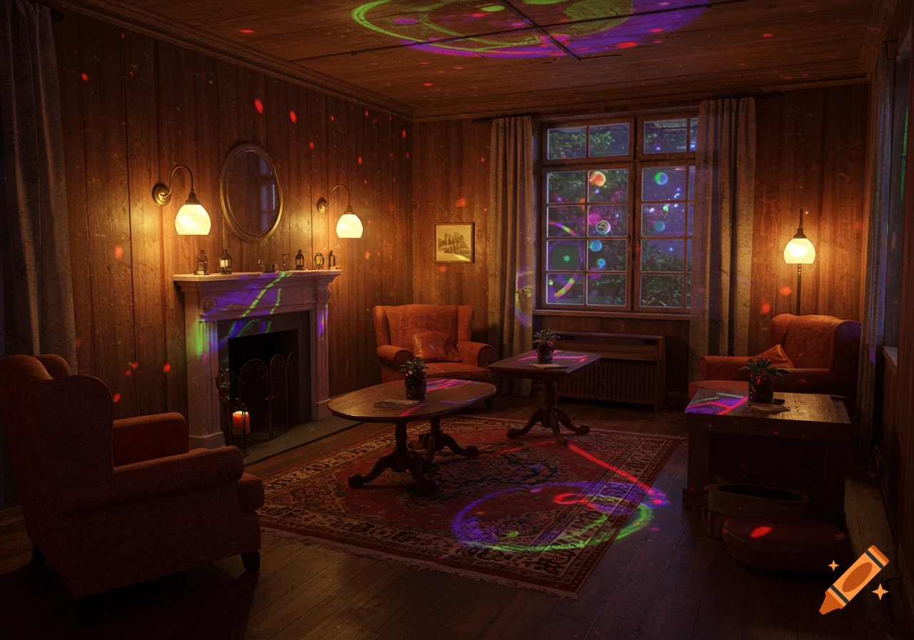A cozy, dimly lit room with wooden walls, a fireplace, and armchairs, illuminated by colorful, swirling psychedelic light patterns.