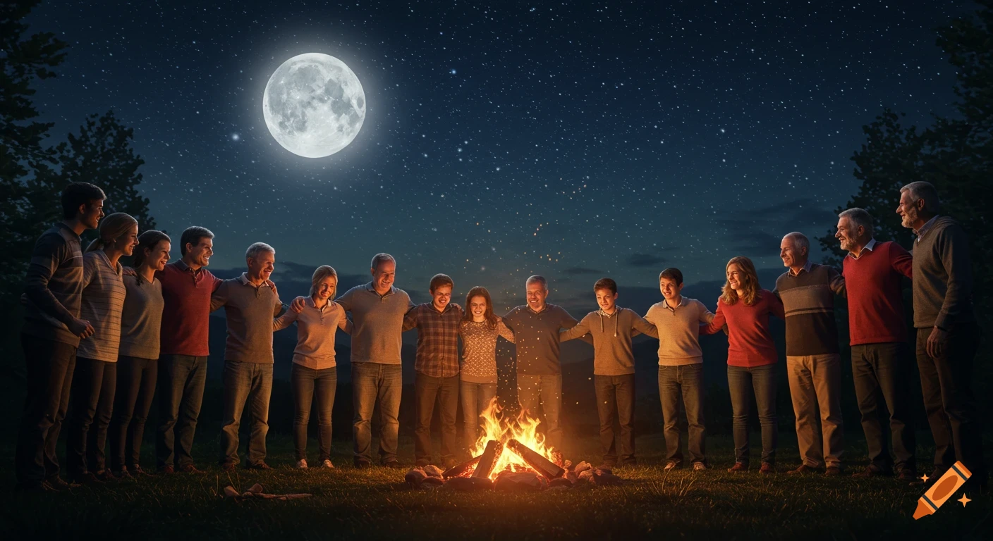 Diverse family linking arms around a campfire under a full moon and starry night sky.