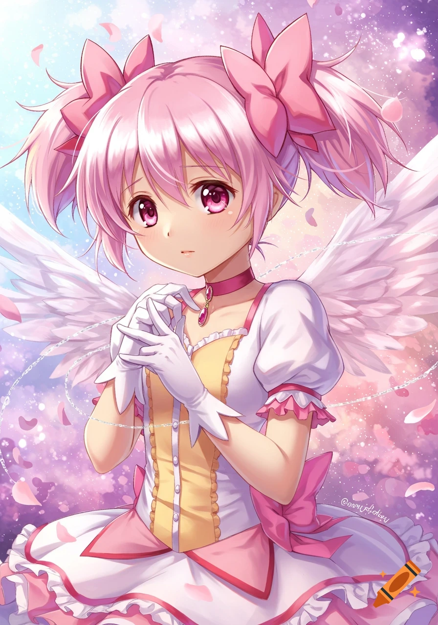 Anime girl Madoka Kaname with pink hair, pigtails, white wings, and a magical girl outfit, praying against a dreamy pink and blue background.