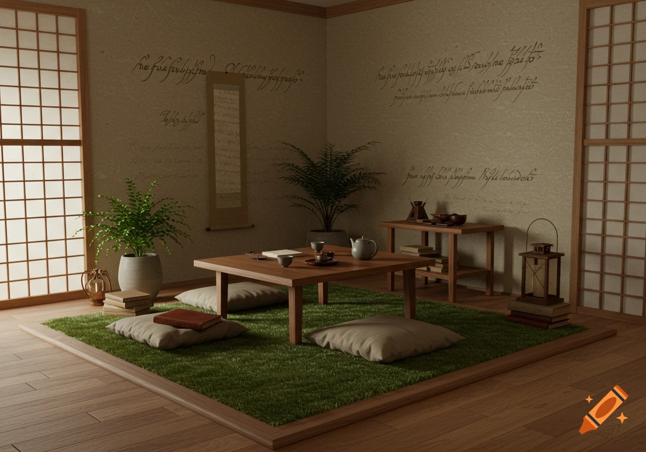 A serene room with shoji screens, a low wooden table on a green mat, floor cushions, potted plants, and decorative script on the walls.