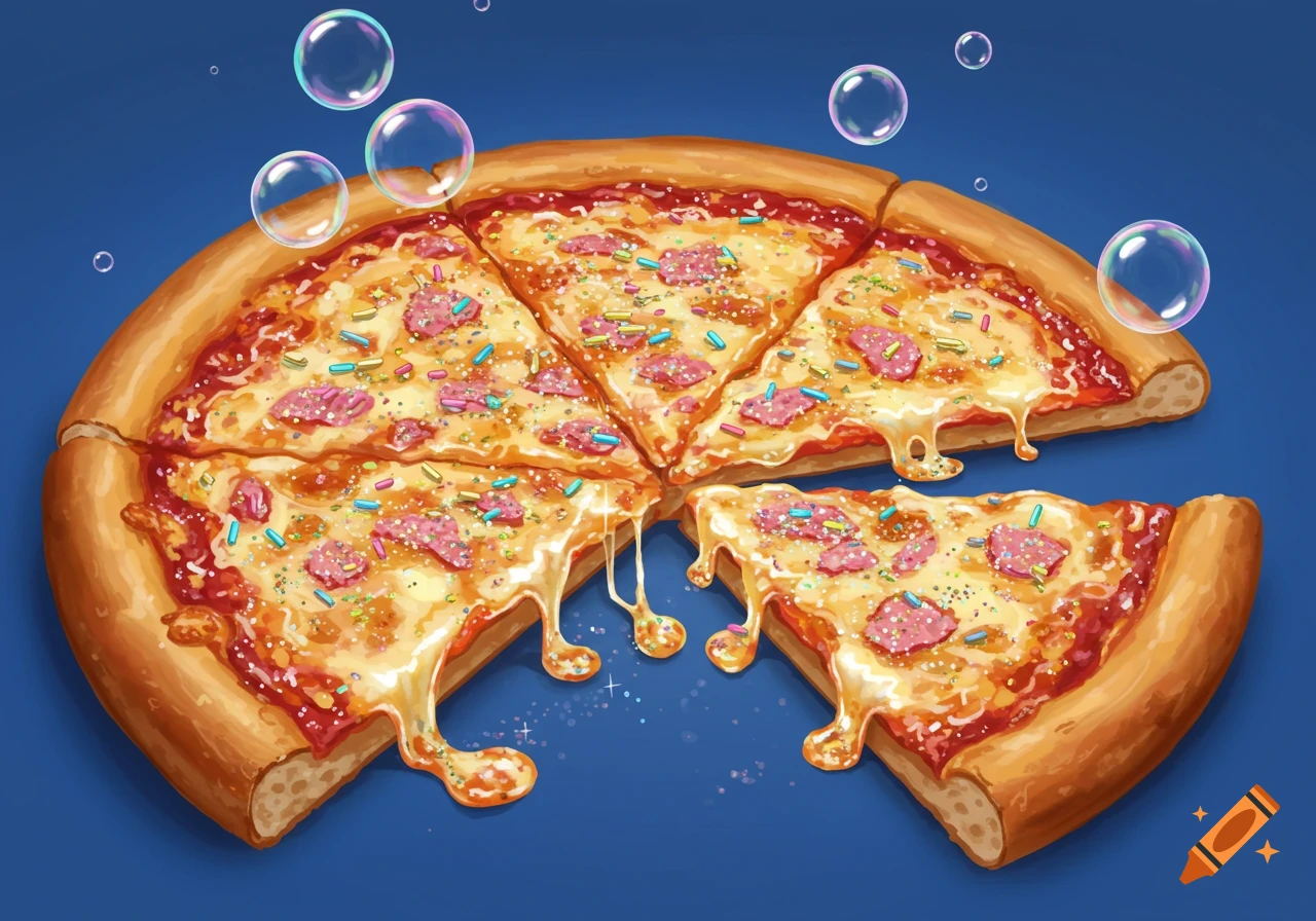 A vibrant illustration of a cheesy pizza with colorful sprinkles and pink toppings, melting cheese, against a blue background with floating bubbles.