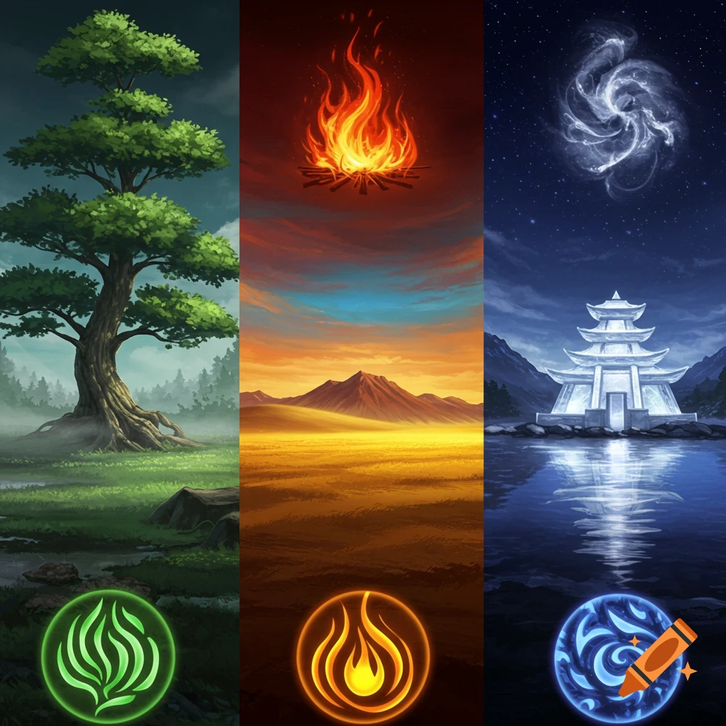 Three vertical panels depict stylized elements: a green tree and symbol, fire over a desert with a flame symbol, and a temple by water with a swirl symbol.