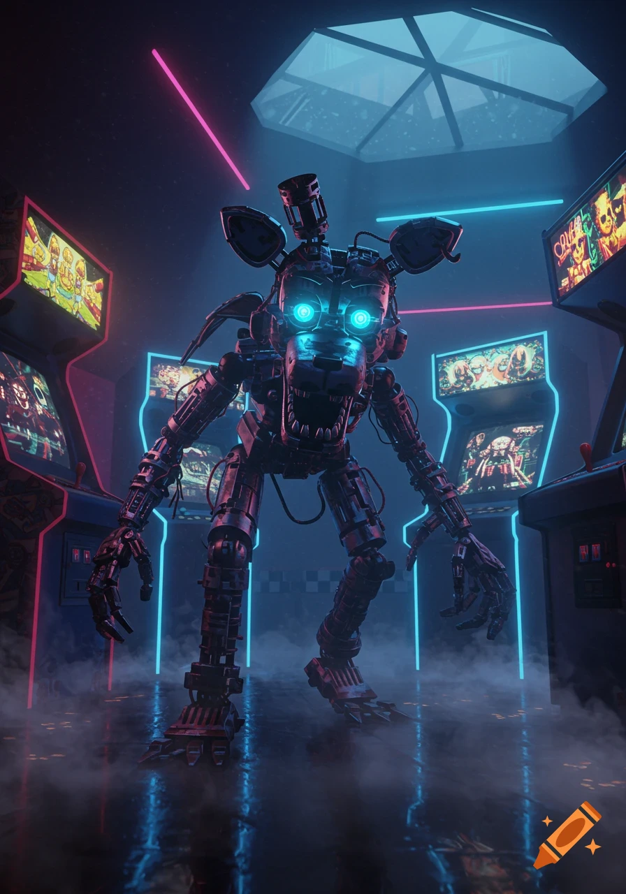 A creepy animatronic robot with glowing blue eyes stands menacingly in a dark, neon-lit arcade filled with game machines, surrounded by mist.